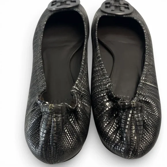 TORY BURCH Reva Lizard Metallic Black and Silver Leather Ballet Flats 8.5